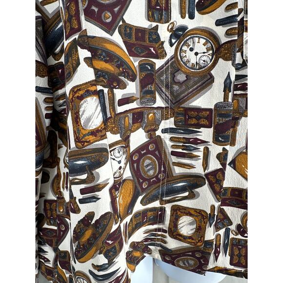 90s Vintage Top Womens Large Antiques Clocks Steampunk Button Up Shirt Eclectic - Picture 3 of 7